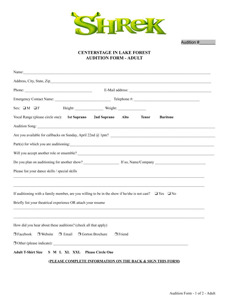 form audition 2018 3 â€“ for Audition Page â€œShrekâ€ Information